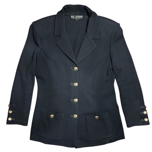 ST. JOHN Basics Santana Knit Button Front Blazer Jacket Black w/ Gold Buttons 10 - Picture 12 of 15